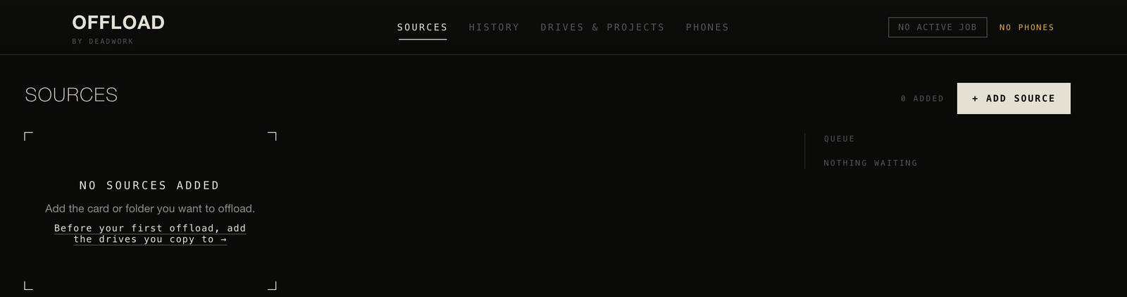 Offload's Sources screen, showing the empty-state prompt to add the card or folder to offload.